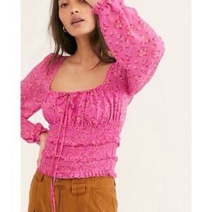 Lg Free People Lolita Smocked Floral Peasant Blouse Pink Boho Romantic Coquette
